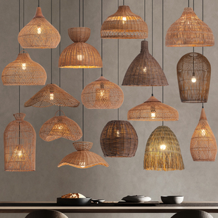 侘寂风藤编吊灯餐厅复古日式民宿饭店禅意茶室吧台创意餐饮吊灯具