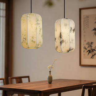 宋式美学餐厅吊灯中国风布艺彩绘竹叶卧室床头小吊灯禅意茶室灯笼