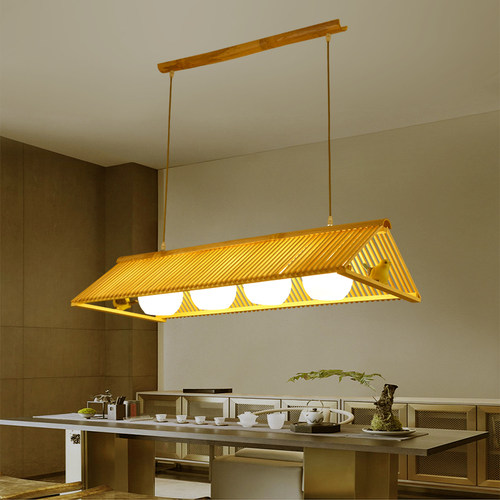 日式茶室长条吊灯现代中式竹艺竹编装饰灯饰复古餐厅阳台多头吧台