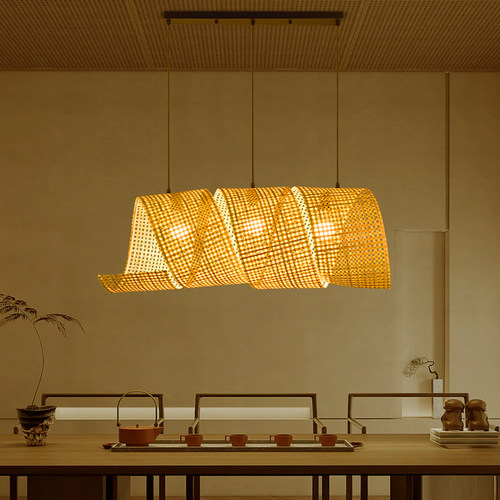 新中式吧台长条竹艺吊灯禅意茶室餐厅日式竹编灯中式前台民宿竹灯