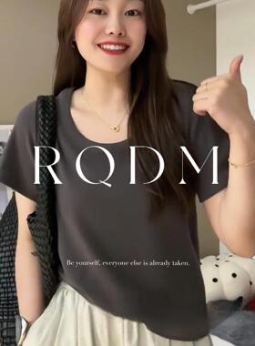 大码女装2026夏季新款胖妹妹螺纹领口U领显瘦纯色正肩短袖T恤上衣