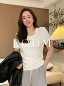 胖MM螺纹水滴U领设计感遮肚显瘦正肩短袖 2026夏季 T恤上衣 女装 大码