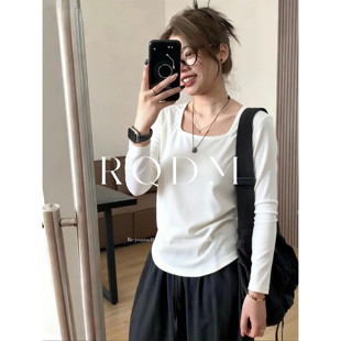 女装 方领长袖 2026春季 胖妹妹显瘦正肩内搭打底衫 T恤上衣 新款 大码