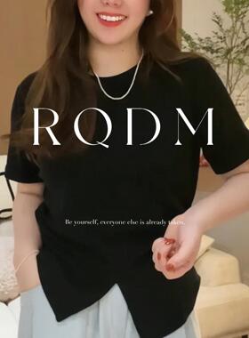 大码女装202夏季胖妹妹下摆开叉设计感显瘦圆领正肩短袖T恤上衣