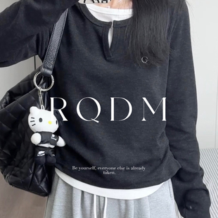 大码女装2026春季新款胖MM小众设计感假两件v领正肩长袖T恤上衣