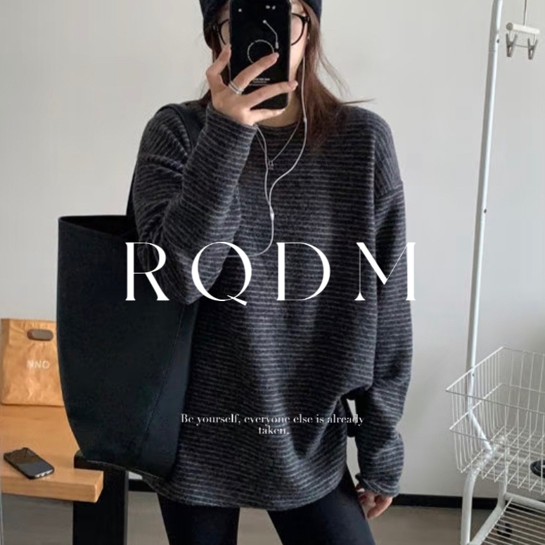 大码女装2025新款秋冬胖MM慵懒感宽松内搭磨毛绒加厚条纹长袖T恤