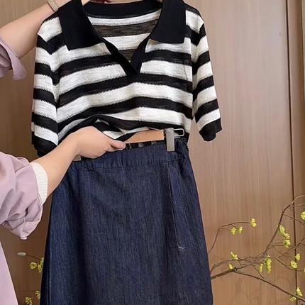 大码女装2025夏季新款胖MM条纹针织衫宽松显瘦V领正肩短袖T恤上衣