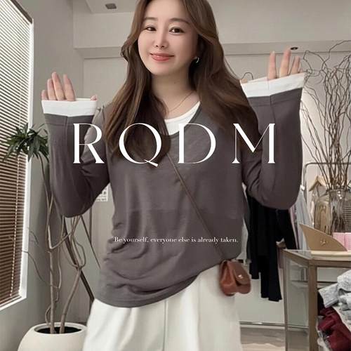 修身假两件圆领正肩长袖T恤上衣