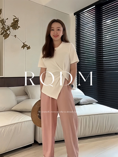 胖妹妹不规则开叉显瘦圆领正肩短袖 大码 新款 女装 T恤上衣 2025夏季