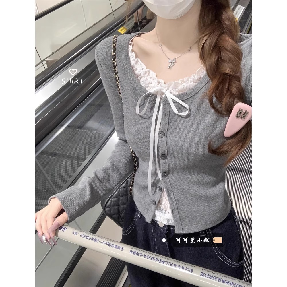 韩系纯欲bm风假两件长袖T恤