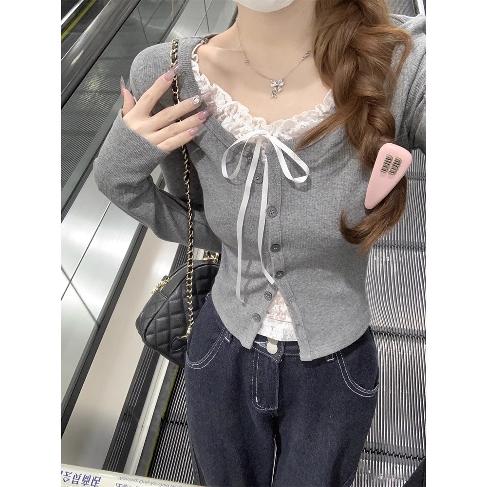 蕾丝假两件长袖T恤女纯欲风