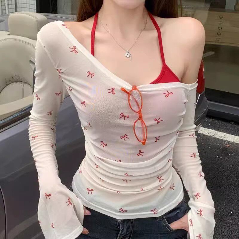 纯欲风小露香肩两件套长袖防晒T恤女夏挂脖露肩显瘦上衣薄款罩衫