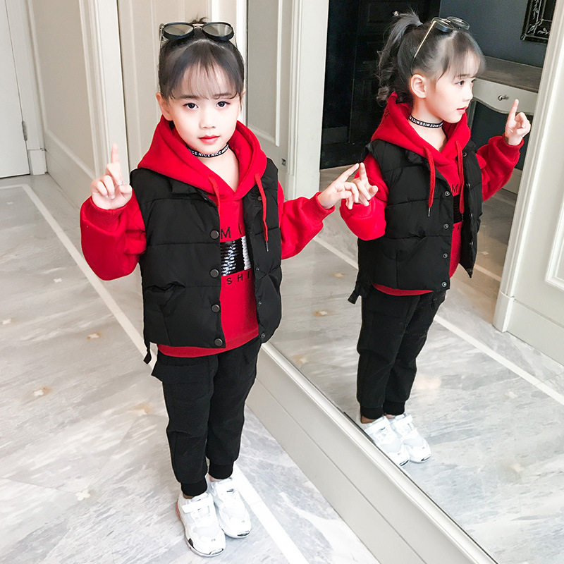 女童棉衣冬季加棉加厚保暖马甲三件套2024儿童加绒连帽卫衣冬装