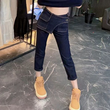早秋普洗蓝高腰设计感九分牛仔裤女大码梨型身材显瘦直筒裤烟管裤