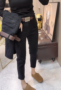 大码高腰弹力数字磨毛九分牛仔裤女秋冬胖妹妹遮肉显瘦直筒烟管裤