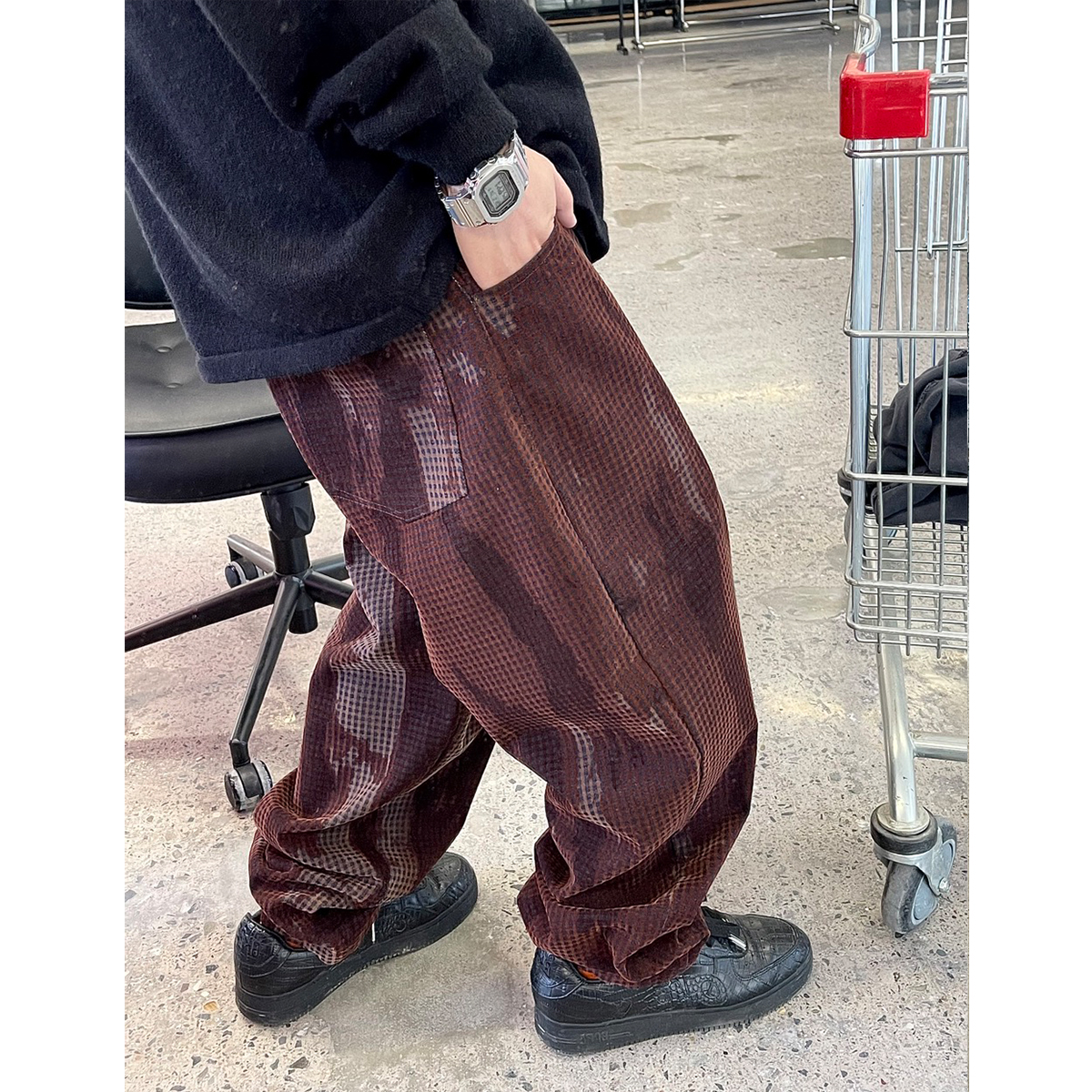 Medaigual植绒扎染格子牛仔裤