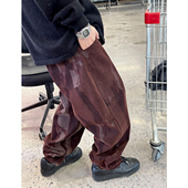 男街头滑板牛仔长裤 Medaigual 500g扎染格纹植绒酒红色锥形小脚裤