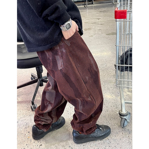 Medaigual植绒扎染格子牛仔裤