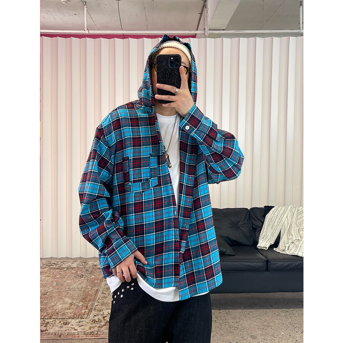 美式复古撞色格子衬衫男