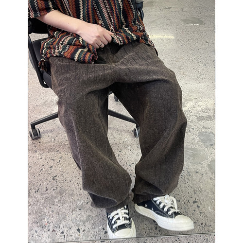 Medaigual 雪尼尔色织条纹松紧腰微跨锥形裤男街头滑板咖色休闲裤