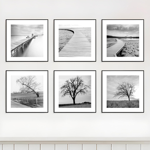 现代客厅有框画黑白风景摄影组合壁画餐厅玄关挂画照片墙多联装饰