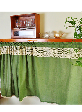 美式复古绿色乡村田园风免打孔小窗帘短帘半帘隔断帘遮光布帘柜帘