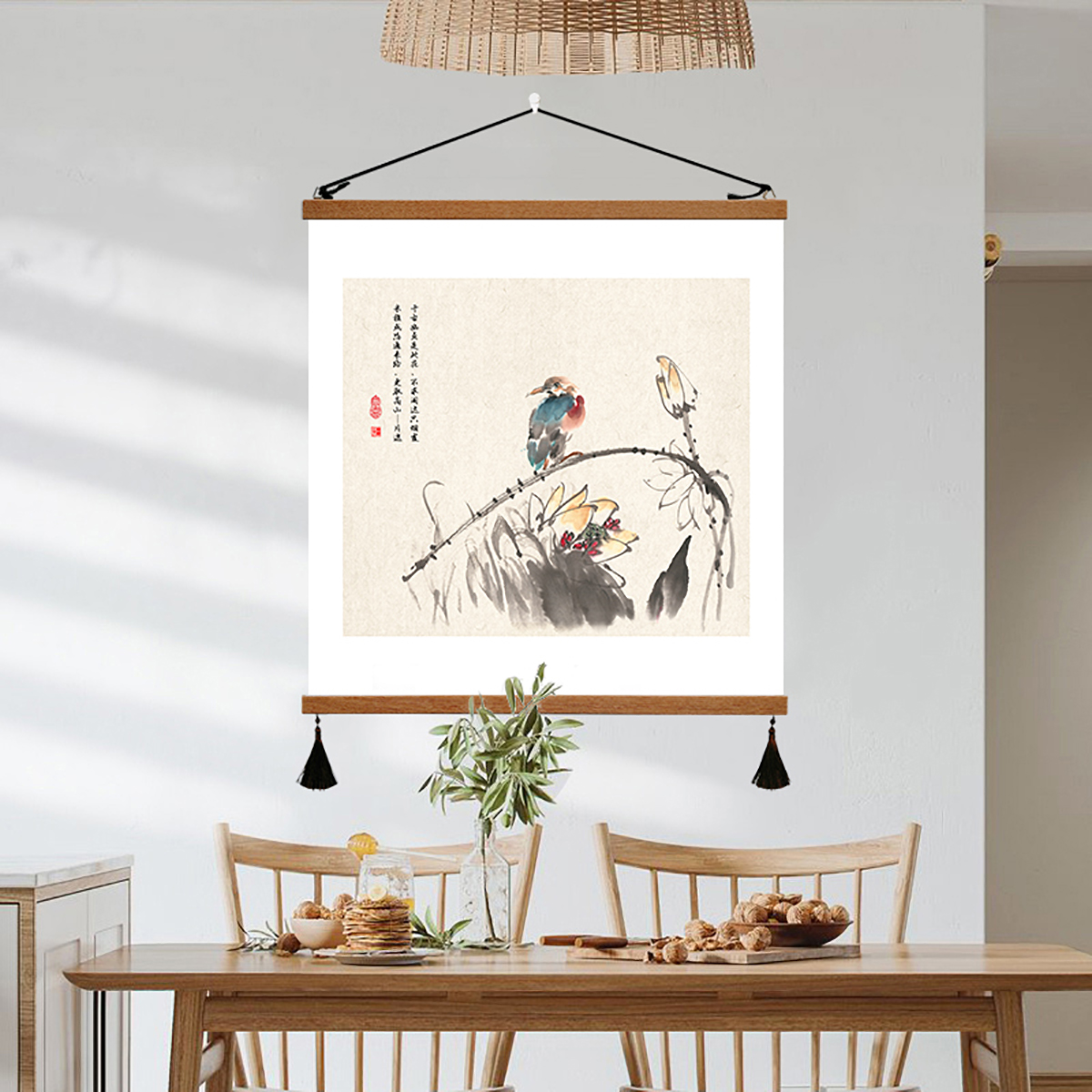 新中式花卉装饰画实木挂轴中国风电表箱书房餐厅卧室茶室禅意壁画图片
