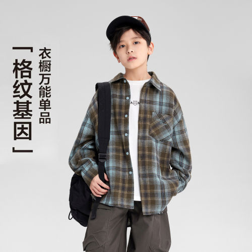 男童格子长袖衬衫春秋外套新款潮