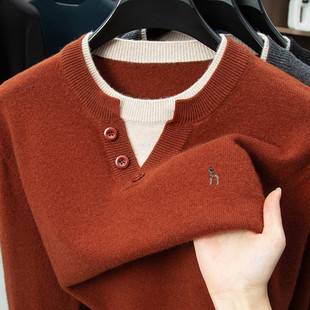 hazz哈吉高斯正品高端纯羊绒衫男假两件圆领加厚秋冬季时尚羊毛衫