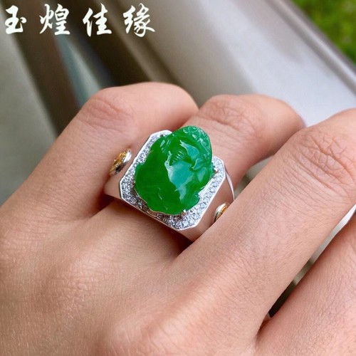 招财阳绿貔貅翡翠豪华镶钻马鞍戒