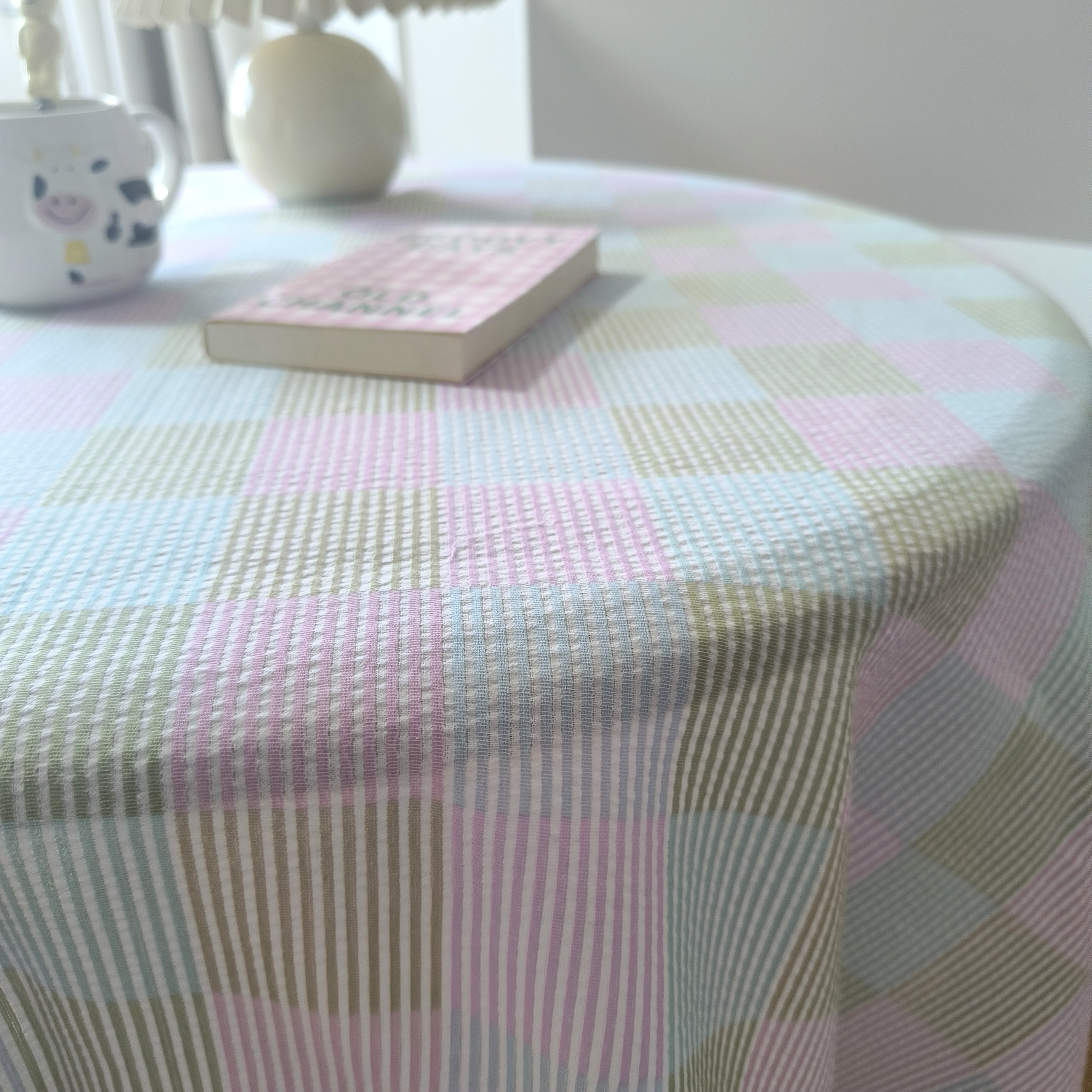 ins风全棉撞色粉蓝彩色格纹桌布餐厅台布拍照神器