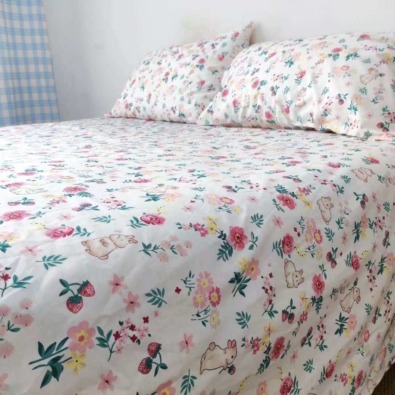 草莓兔子~床单纯棉床单全棉少女心可爱床单被罩