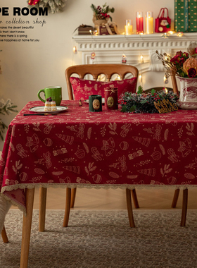 北欧ins圣诞红色提花圣诞树铃铛小鹿流苏桌布茶几餐桌布盖巾防水