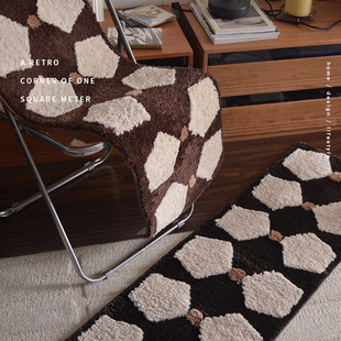 复古五边形植绒地毯家用客厅装 饰防滑簇绒地垫卧室床边毯长条脚垫