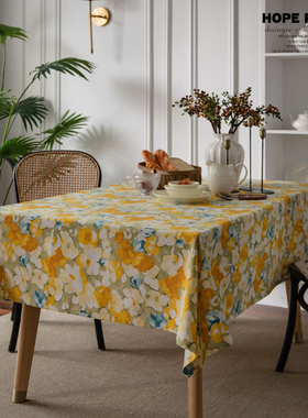 简约油画风桌布黄色花朵印花餐桌布田园布艺棉布黄色长方形台布