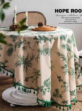 北欧ins复古桌布绿色松枝印花餐桌布小清新布艺棉麻茶几盖布台布