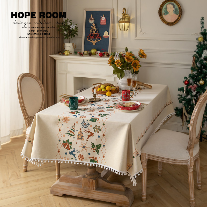北欧ins新款圣诞节装饰色织提花白球桌布长方形茶几台布餐桌布