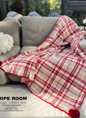 北欧风半边绒格纹毛毯红色秋冬圣诞新年氛围感盖毯沙发毯子午睡毯
