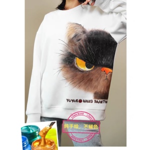手绘女士T恤长袖春秋款可爱个性动物超大图案白色猫咪图案设计