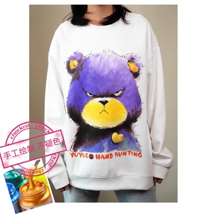 纯手绘女士T恤长袖春秋小众个性大图案白色宽松大款中长遮屁2025