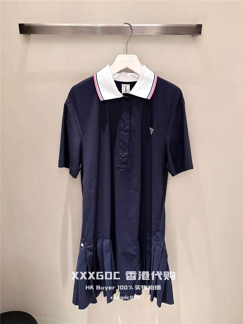 香港正品代购 Lucky Marche SS24春夏拼色翻领logo百褶连衣裙