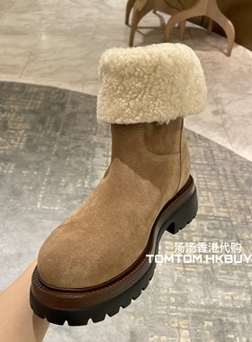 香港正品代购 Pedder red 25秋冬 毛绒拼接绒面革圆头平底短筒靴