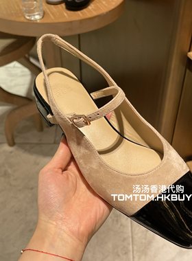 香港正品代购 PEDDER RED 25秋冬 绒面革拼接漆皮方头低跟凉鞋