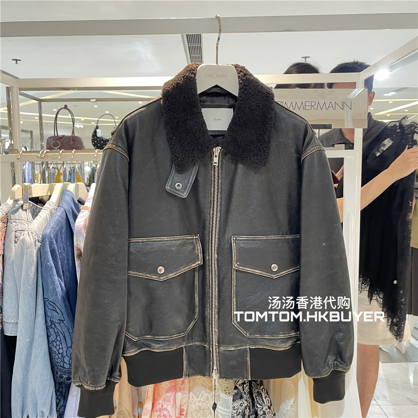 香港正品代购 Dunst 25秋冬新款 毛绒翻领时尚皮革拉链外套