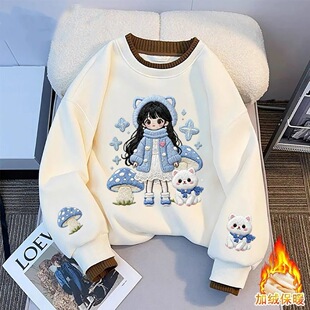 女童洋气加厚仿刺绣卫衣2026新款中小大童一体羊胎绒纯棉上衣冬季