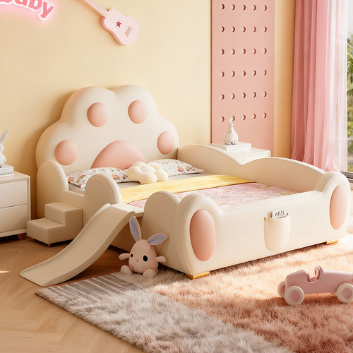 萌爪儿童床女孩公主床真皮实木床小户型1米2现代简约带护栏宝宝床