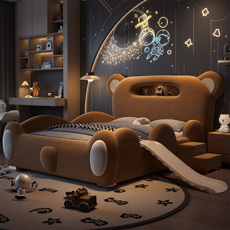 儿童床女孩男孩卧室1.5米卡通床儿童房带围栏实木软包小熊真皮床
