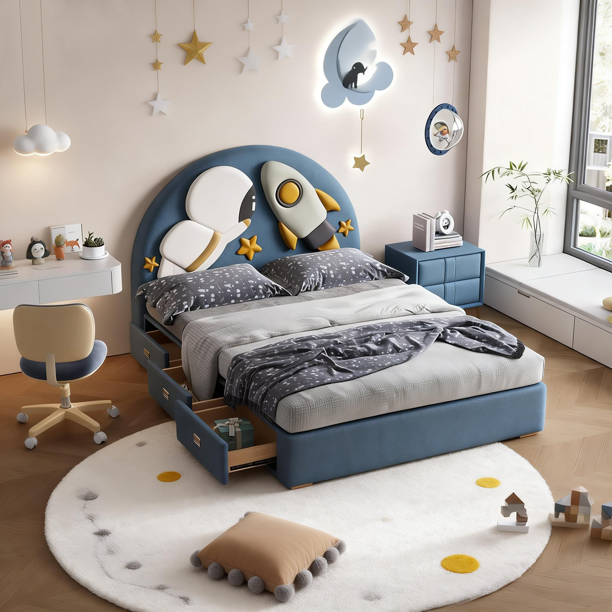 儿童床男孩单人床1.5米青少年男童实木床太空宇航员皮艺软包女孩