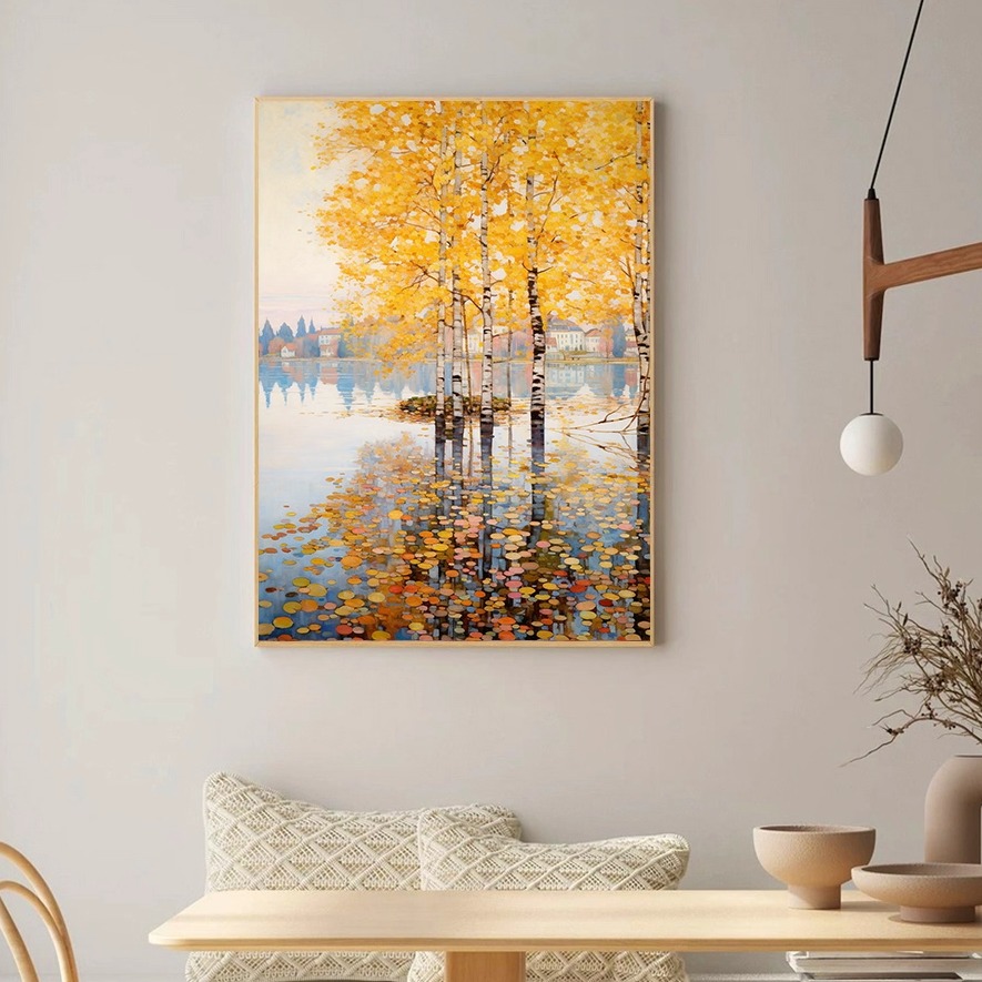 秋天湖畔树林风景装饰画客厅装饰艺术玄关卧室餐厅挂画沙发背景墙图片