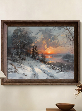 日落山野雪景油画客厅卧室装饰画
